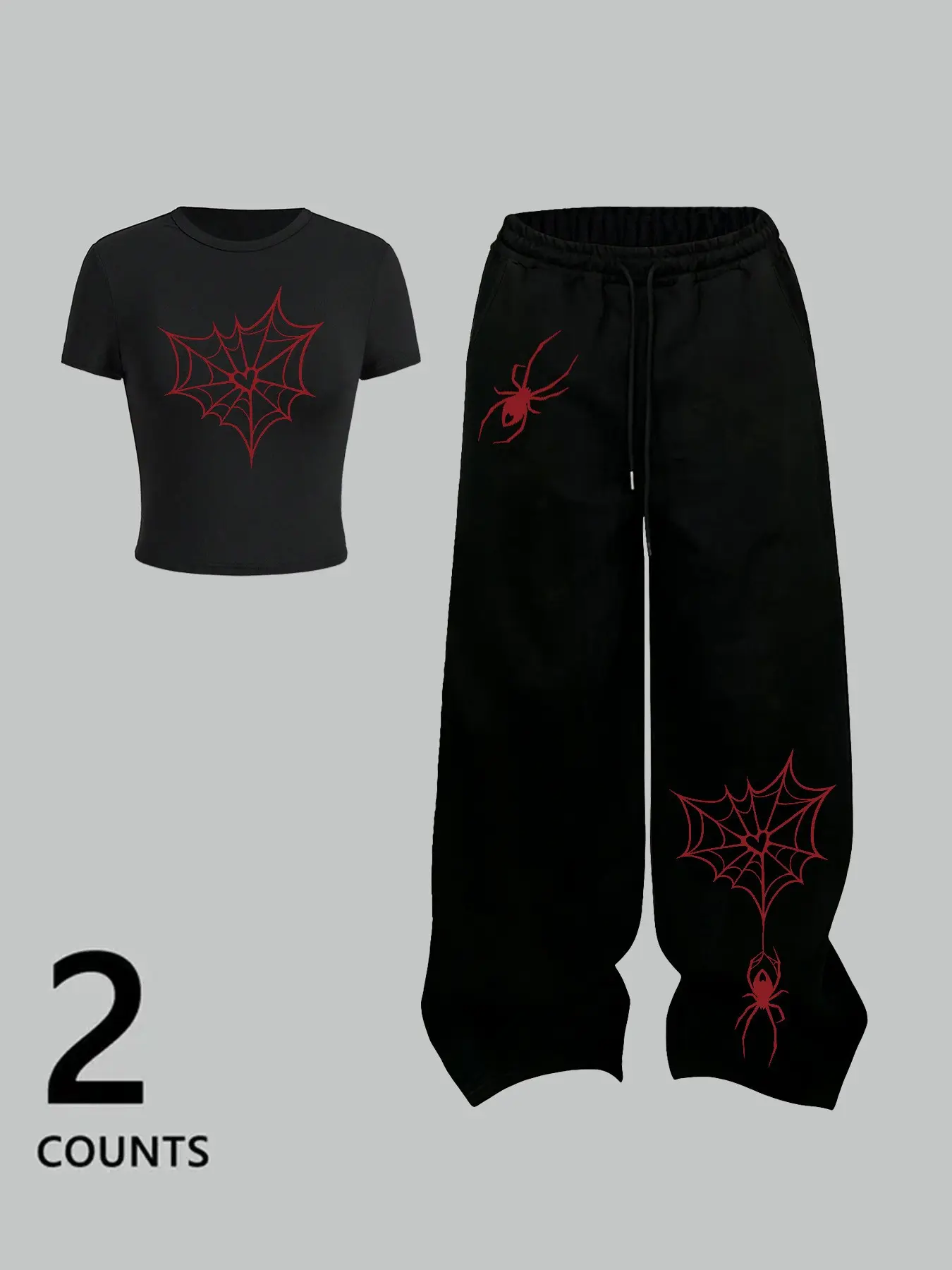 Women's Casual Two-Piece Set, Fitted Round Neck Short Top + Loose High Waist Straight Leg Pants, Spider Heart Print, All Seasons, Casual Matching Set, Womenswear