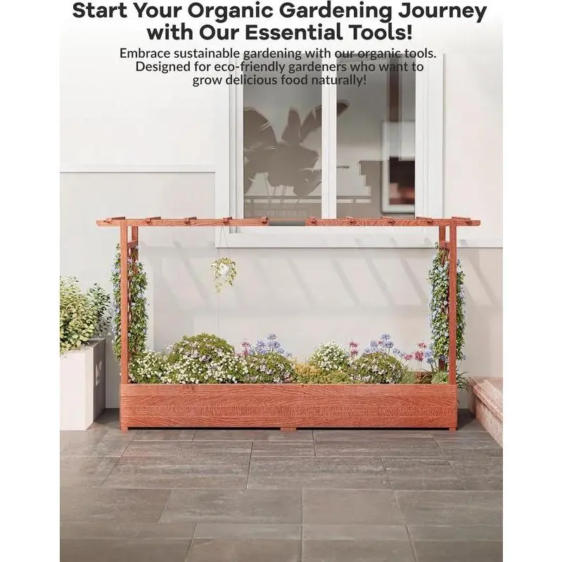 79"x17"x45" OutdoorVibe Raised Wooden Planter Box with Trellis, Elevated Garden Bed with Side Supports, Canopy, and Drainage Holes – Perfect for Climbing Plants,Vines,and Blossoms