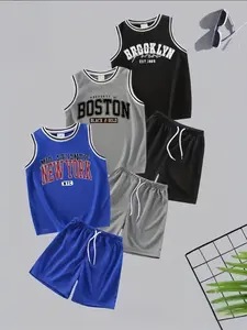 Summer lightweight children's basketball suit, 6-piece set. Digital letter printed basketball vest and shorts for boys and girls. #SummerVibes jerseys and ball pants suit