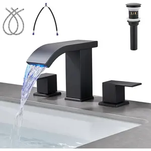 LED Light Black Waterfall Bathroom Faucet 3 Holes - 8Inch Widespread Bathroom Sink Faucet | Two Handles Lavatory Vanity Sink Faucets with Pop-up Drain Assembly & Supply Lines