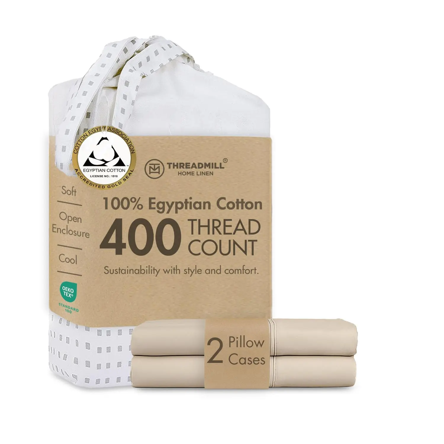 Threadmill Home Linen 2-Piece 400TC Egyptian Cotton Pillowcase Set - Certified 100% Egyptian Cotton, Jacquard Weave, Durable, Cooling Sleep Solid Pillowcases