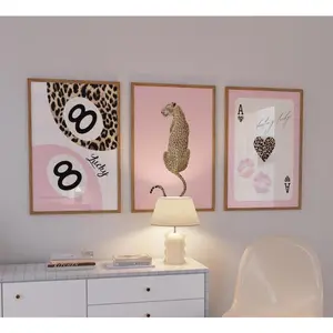 Pink Leopard Print Set of 3 Canvas Posters, Lucky Number & Ace Card Wall Art, Aesthetic Preppy Room Decor, Unframed Canvas Posters