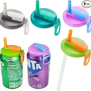 4-Pack Universal Leak-Proof Soda Can Lid With Straw Reuseable Silicone Drink Cover, Spill Proof Beverage Cap For Kids & Adults, Fits Standard Soda/Beer Cans, Portable Travel Drinking Cover with Flip Lock