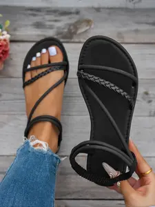Women's Woven Strap Flat Sandals, Simple Roman Style, Comfortable Open Toe Beach Shoes, Casual Textile Upper, All Seasons, Braided Strap Sandals