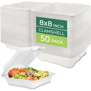 Compostable Clamshell Food Containers [8x8" 50-Pack] Disposable To Go Containers, Biodegradable Sugarcane To Go Boxes - Heavy Duty Paper Containers - Microwave & Freezer Safe, Stackable