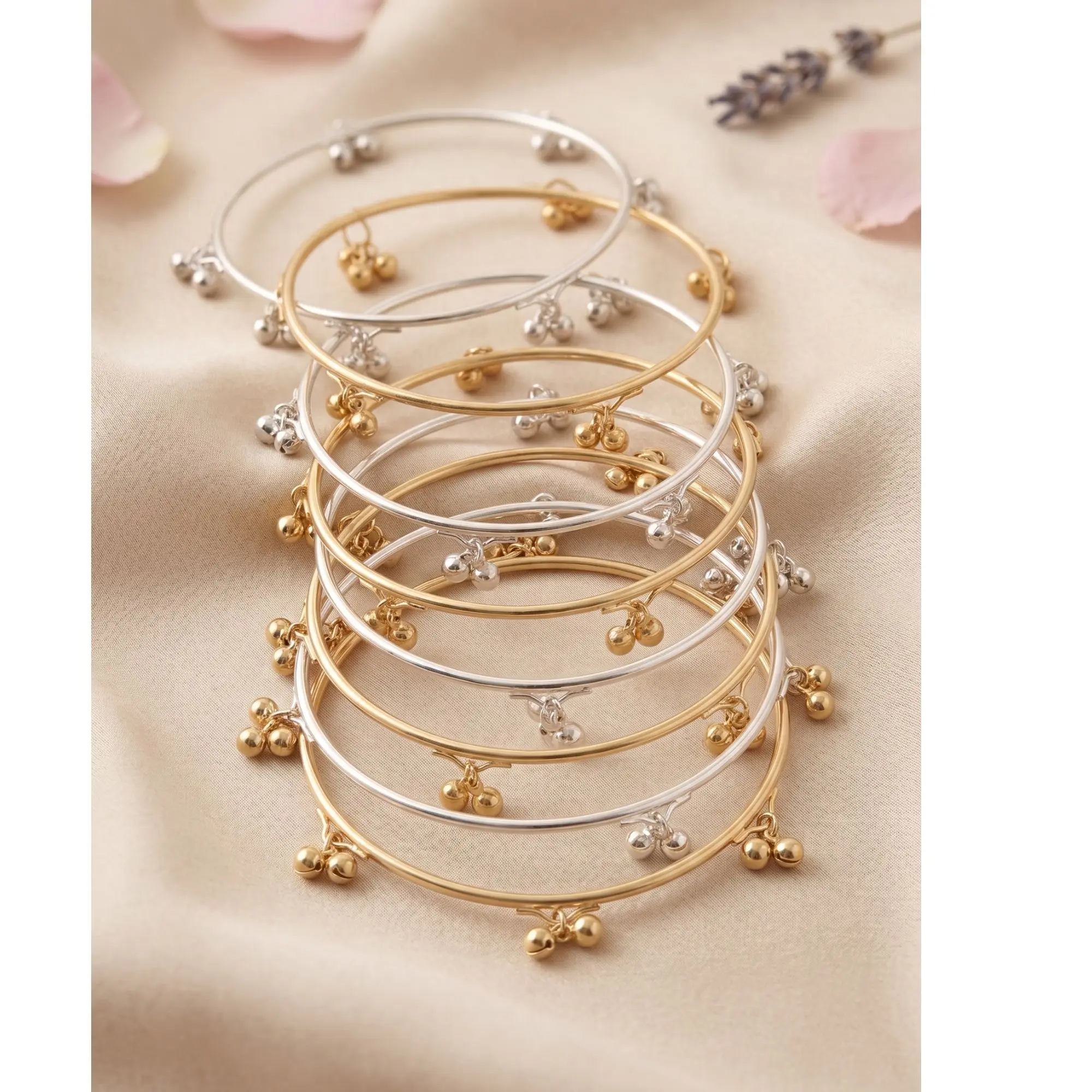4 Pc Kashmiri Ghungroo Bangles Set, Gold & Silver Tone Indian Wedding Jewelry