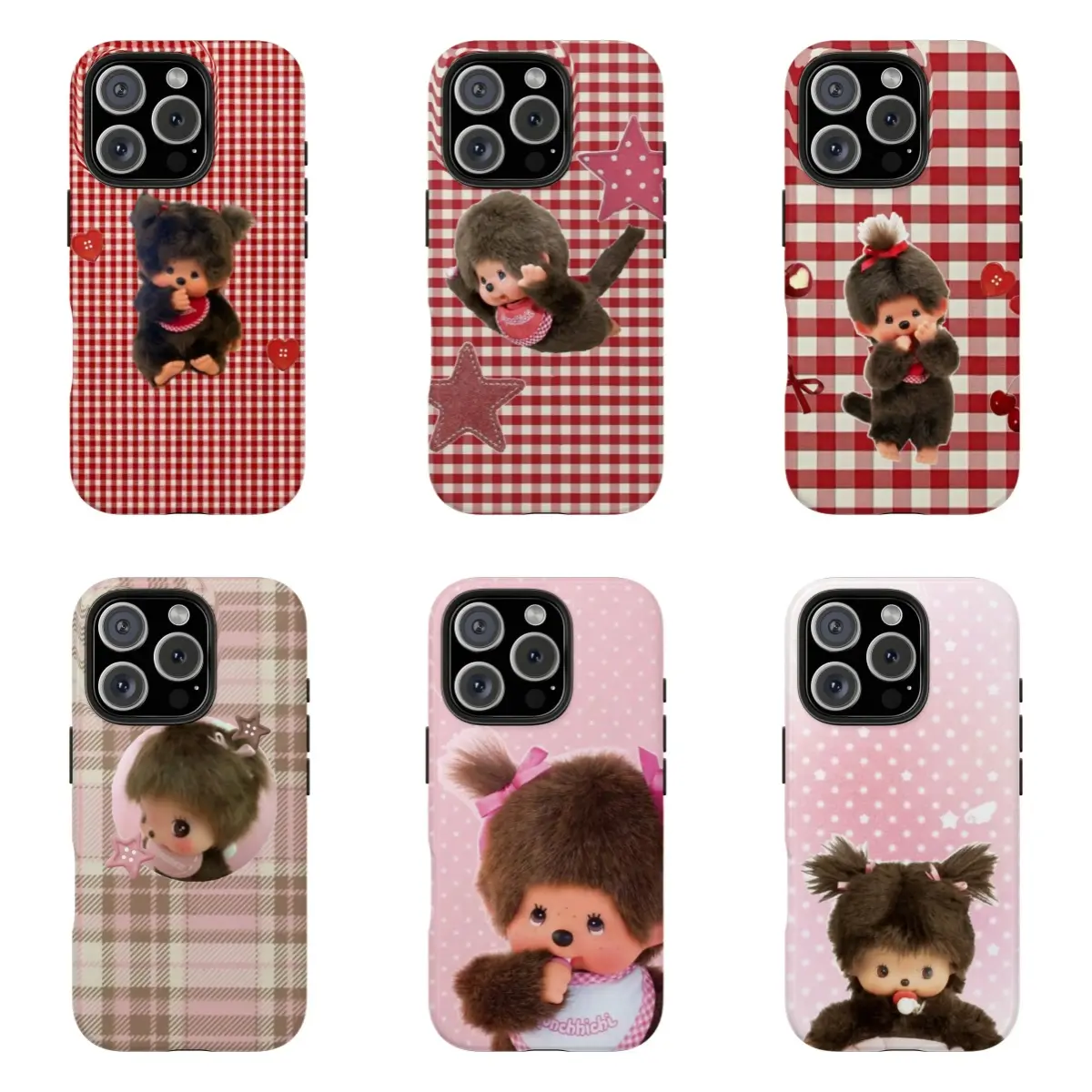 Monchhichi Cartoon Character Glossy Plastic Cellphone Case - Cute Pink Plaid-Star Design Shockproof Resistance Casing, Durable Custom Handheld Accessories for iPhone 17/16/15/14/13/12/11 and for Samsung S21-S25, Nostalgic Gift for Devices