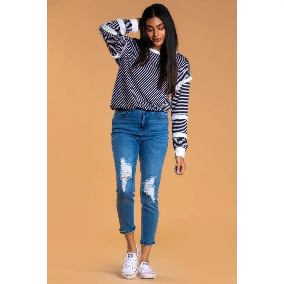 Brigitte Brianna Striped Ruffle Sleeve Sweatshirt