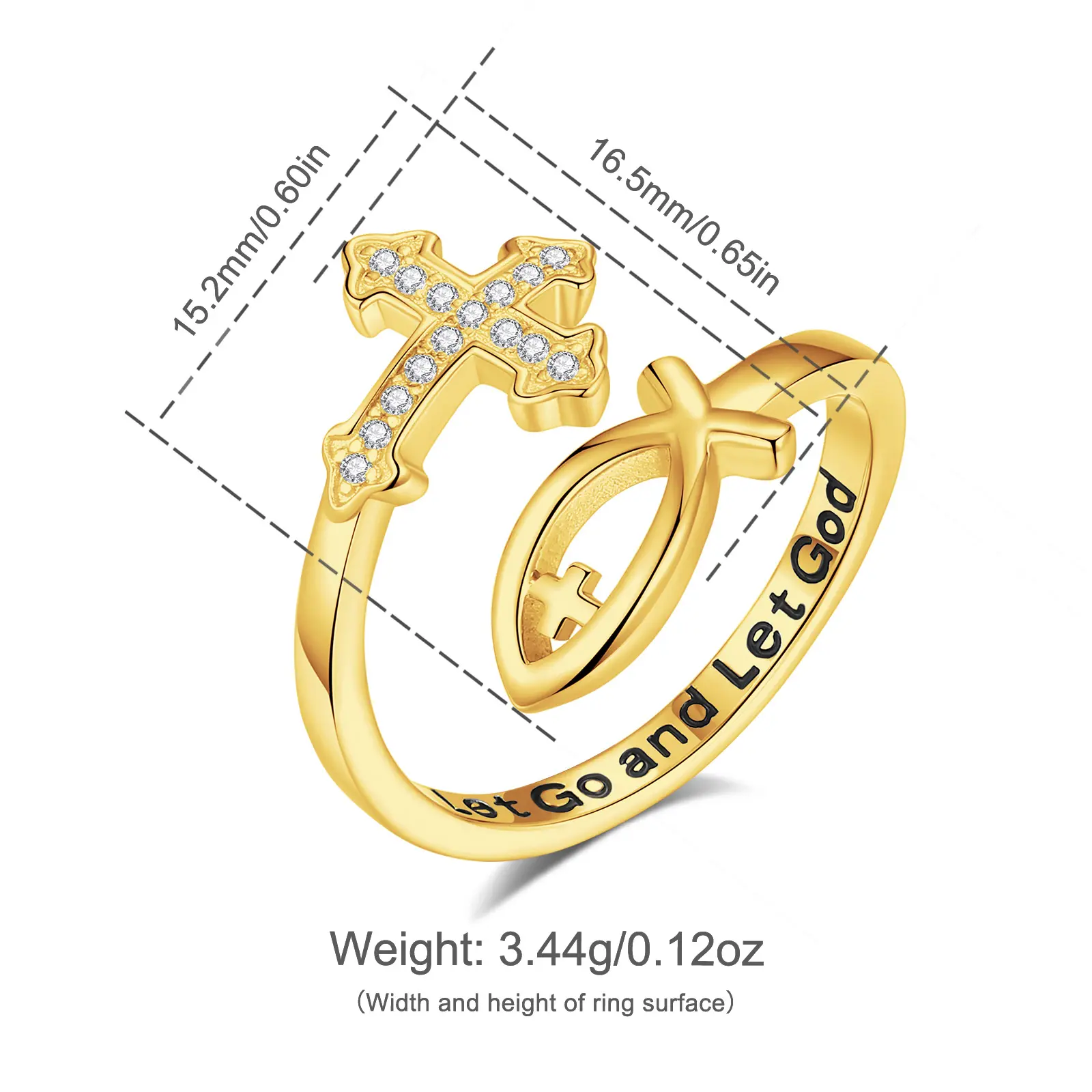 Gold-plated Jesus Cross Fish Ring With CZ