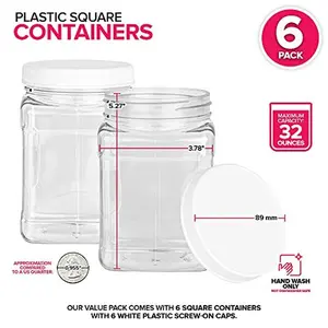 Stock Your Home Plastic Storage Jars (6 Pack) - 32 Oz Square Plastic Canisters with Lids - Shatterproof Plastic Storage Jars with Lids - Reusable Wide Mouth Clear Plastic Containers with Lids