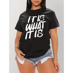 🏆Plus Size Slogan Print T-Shirt, Casual Short Sleeve Top For Spring & Summer, Women's Plus Size Clothing