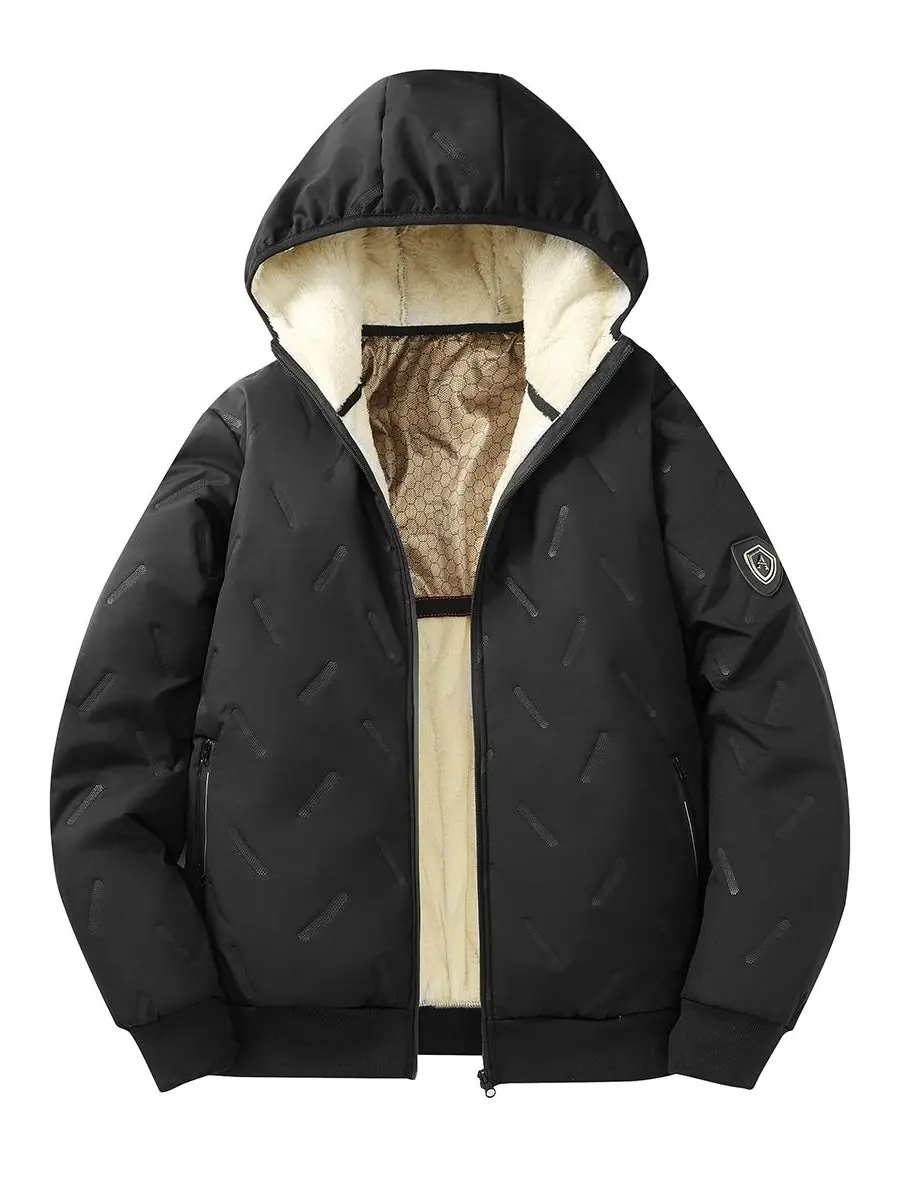 Men's Quilted Hooded Jacket, Sherpa Lined Winter Tops with Smooth Zipper, Minimalist Coat with Honeycomb Heat Reflection, Sneakers, Cargo Pants