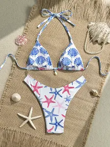 Fresh Blue Starfish Print Bikini, Slimming Vacation Swimsuit, Ocean Wind Starfish Bikini, Girls Sexy Slim Swimwear, Oceanic Theme, Spaghetti Strap Bikini, Swimsuit For Beach, Summer Swimsuit Set