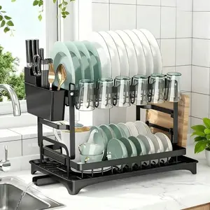 Drying Rack Kitchen, 2Spring SaleTier Dish Drying Rack, Space-Saving Large DishRacks for Kitchen Counter with DrainboardExtendable Spout Strainers & Utensil Holder andKnife Slots