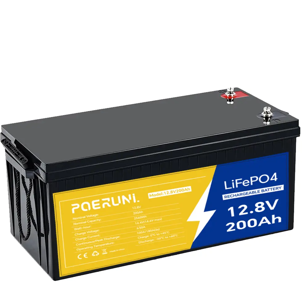 POERUNI LiFePO4 Deep Cycle Lithium Battery 12V 200Ah Built-in BMS Cycle RV