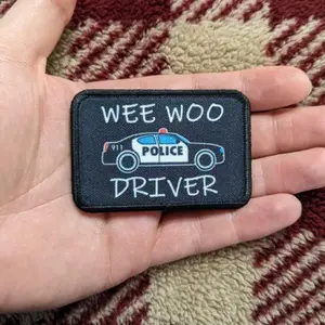 Wee woo driver police car driver funny 2"x3" removable morale patch with hook and loop backing