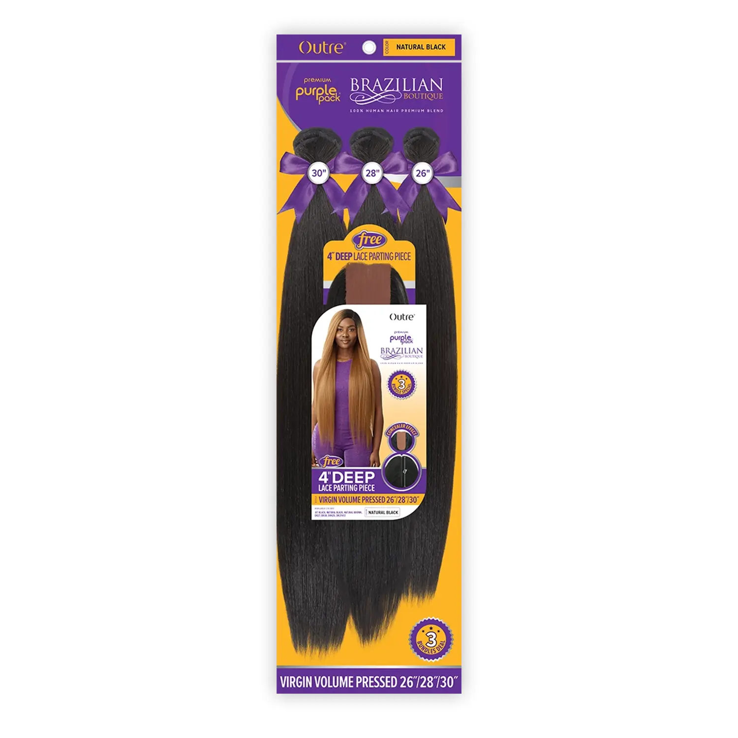 Outre Purple Pack Brazilian Boutique Human Hair Blend Bundle, Virgin Volume Pressed, 3 Bundles (26, 28, 30 in) with Free 4" Deep Lace Parting Piece, Human Hair Bundle