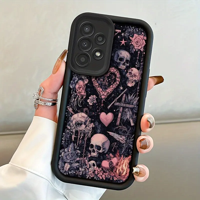 Skull Heart Pattern 2D Printed Soft TPU Smartphone Protector Case, Shockproof Handheld Device Accessory with Full Body Camera Lip Protection for Samsung Galaxy S26 S25 S24+ S23 S22 S21 Ultra FE Note20 A54 A53 A52 A36 A35 A34 A33 A17 A16 A15 A14 A13