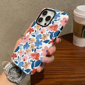 Blue and red floral retro style glossy 2-in-1 phone case, protective cover for iPhone 11 12 13 14 15 16 17 Pro Max Pro Plus, compatible with Samsung Galaxy S25 S24 S23 Ultra Local Personalized Cellphone Smartphone