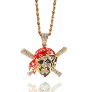 New Arrival Colorful Skull Pirate Pendant Necklace Punk Hip Hop Gothic Jewelry Cubic Zirconia Statement Piece for Men Women
