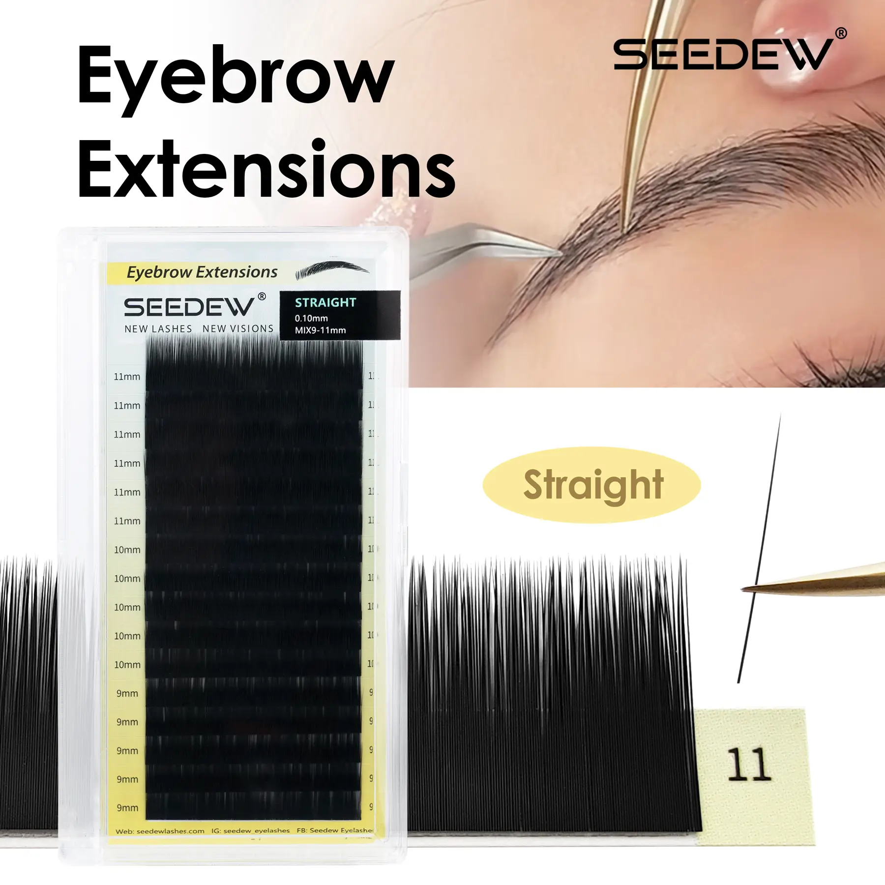 Seedew Eyebrow Extensions Straight 16Rows/Tray 0.07/0.10mm Mix9-11mm Black Lashes Soft Comfortable Beauty Salon Use High Quality Eyelashes