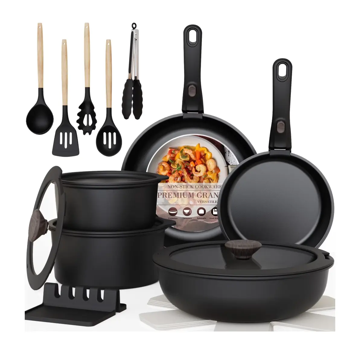 Astercook 20-Piece Nonstick Cookware Set with Detachable Handles, Induction Compatible, Oven & Dishwasher Safe, Stackable Pots & Pans, Black