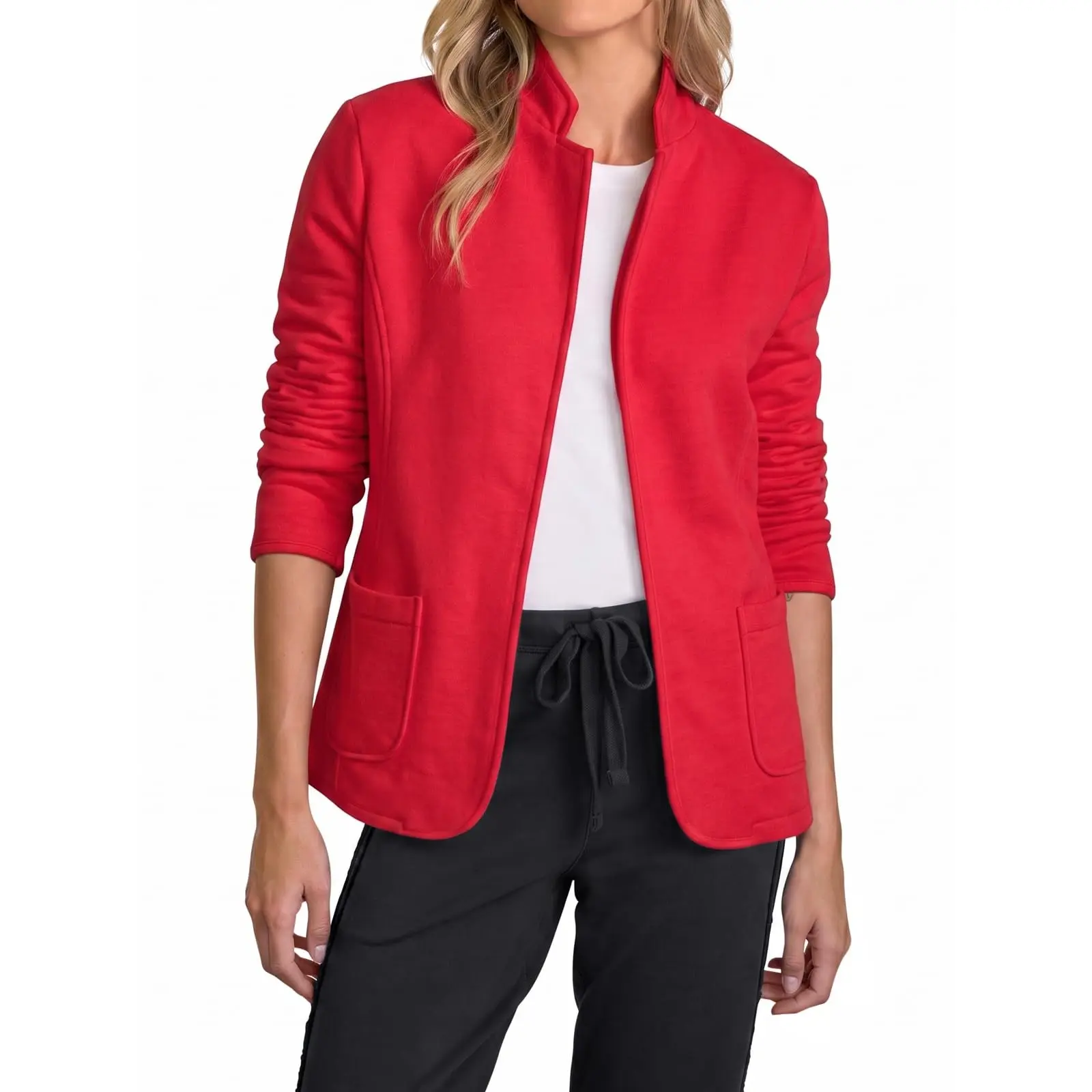 Fisoew Women’s Stand Collar Open Front Wool Blend Blazer Jacket, Tailored Long Sleeve Patch Pocket Slim Fit Casual Suit Coat For Work Daily Travel