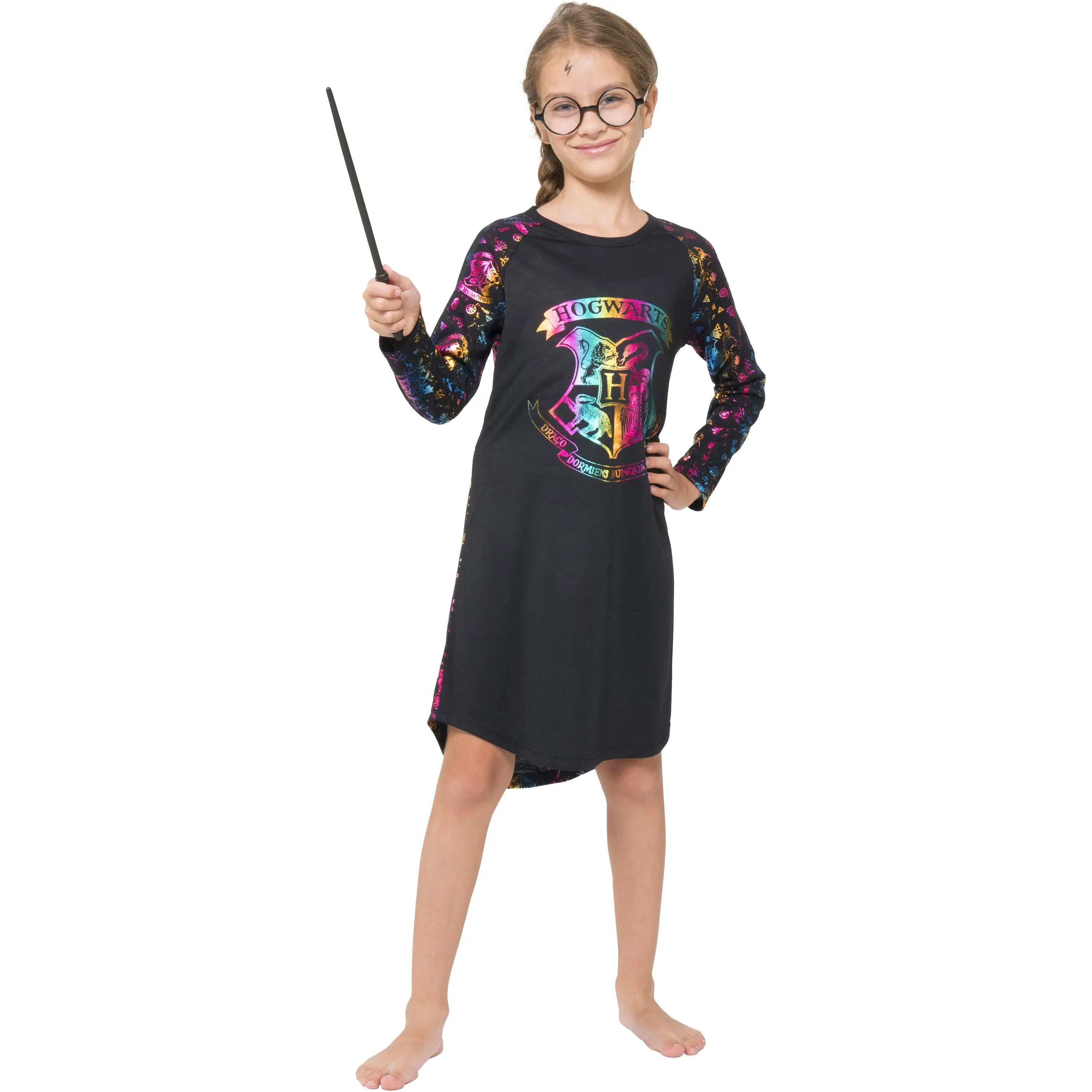 Harry Potter Girls Hogwarts Crest Rainbow Hologram Raglan Nightgown Pajama