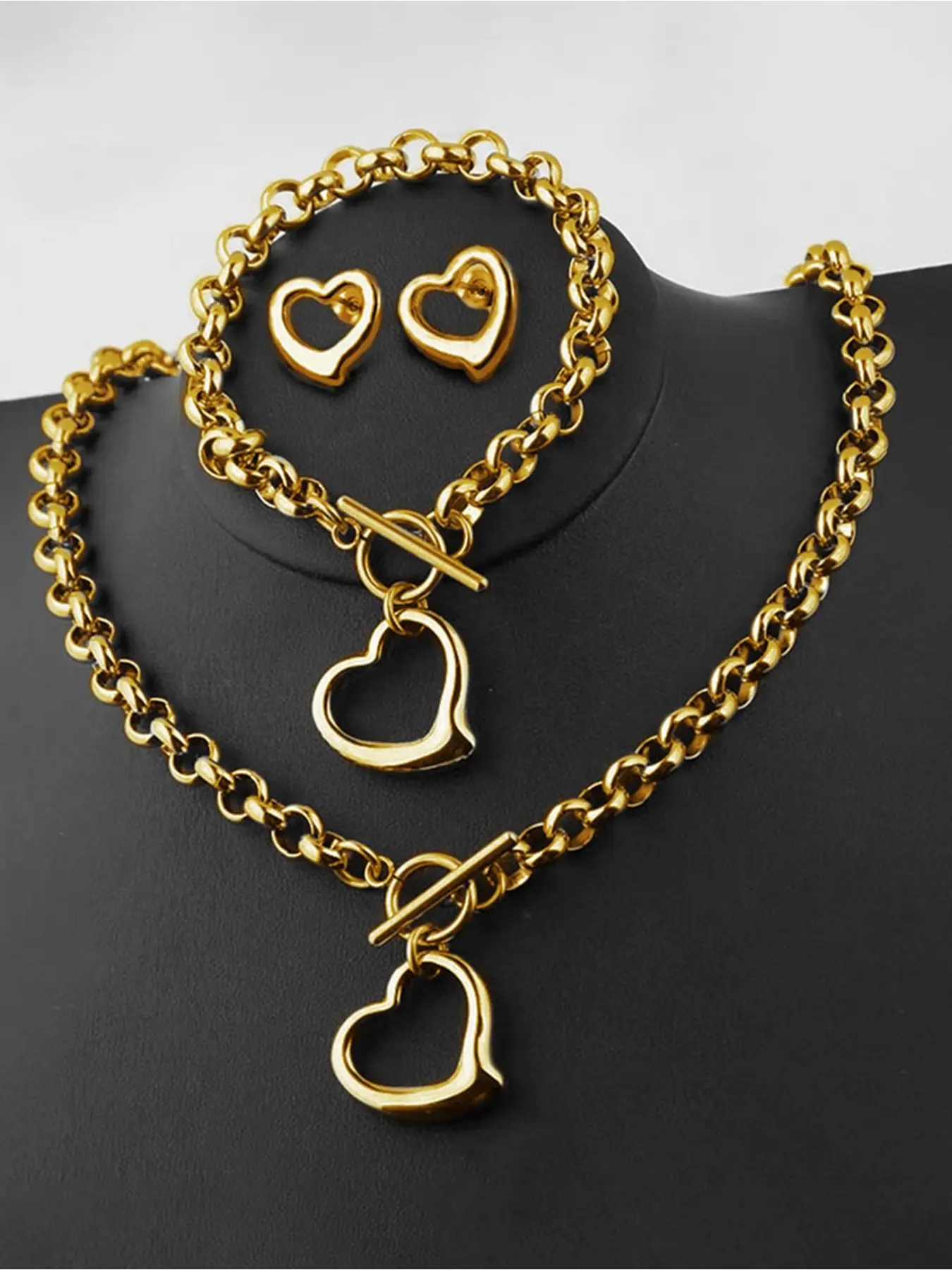 3-piece stainless steel Love, Hearts Matching Jewelry Set, high-quality versatile set suitable for both women and men, perfect gift, best choice for Thanksgiving, Mother's Day
