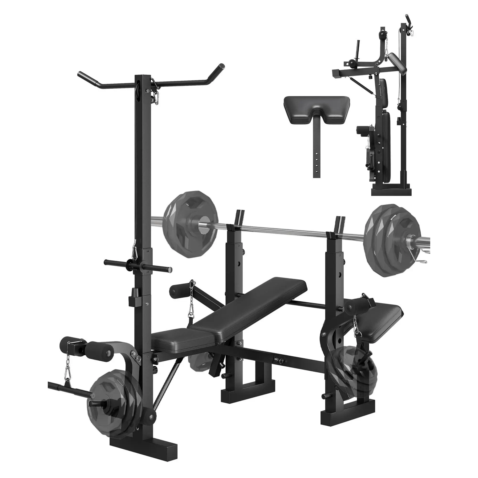 Garvee Adjustable Weight Bench Set, Multifunctional Training Bench with Bench Press Rack, Leg Extender, Leg Curler, Squat Rack and Preacher Curl, Foldable Training Bench for Home Gym