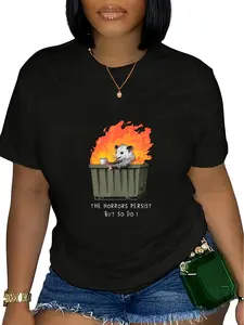 Plus Size, Horrors Persist So Do I Funny Possum Meme Trash Dumpster T-Shirt, Women's T-shirt, Plus Size, Round Neck, Black, Machine Washable, 180g, Gift
