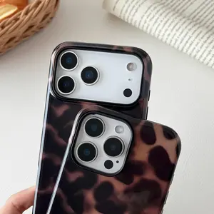 Compatible with iPhone 17 Pro Max Case Tortoise Shell Phone Case for Women Girl Shockproof TPU and Hard PC Protective Cover - Amber Brown Leopard