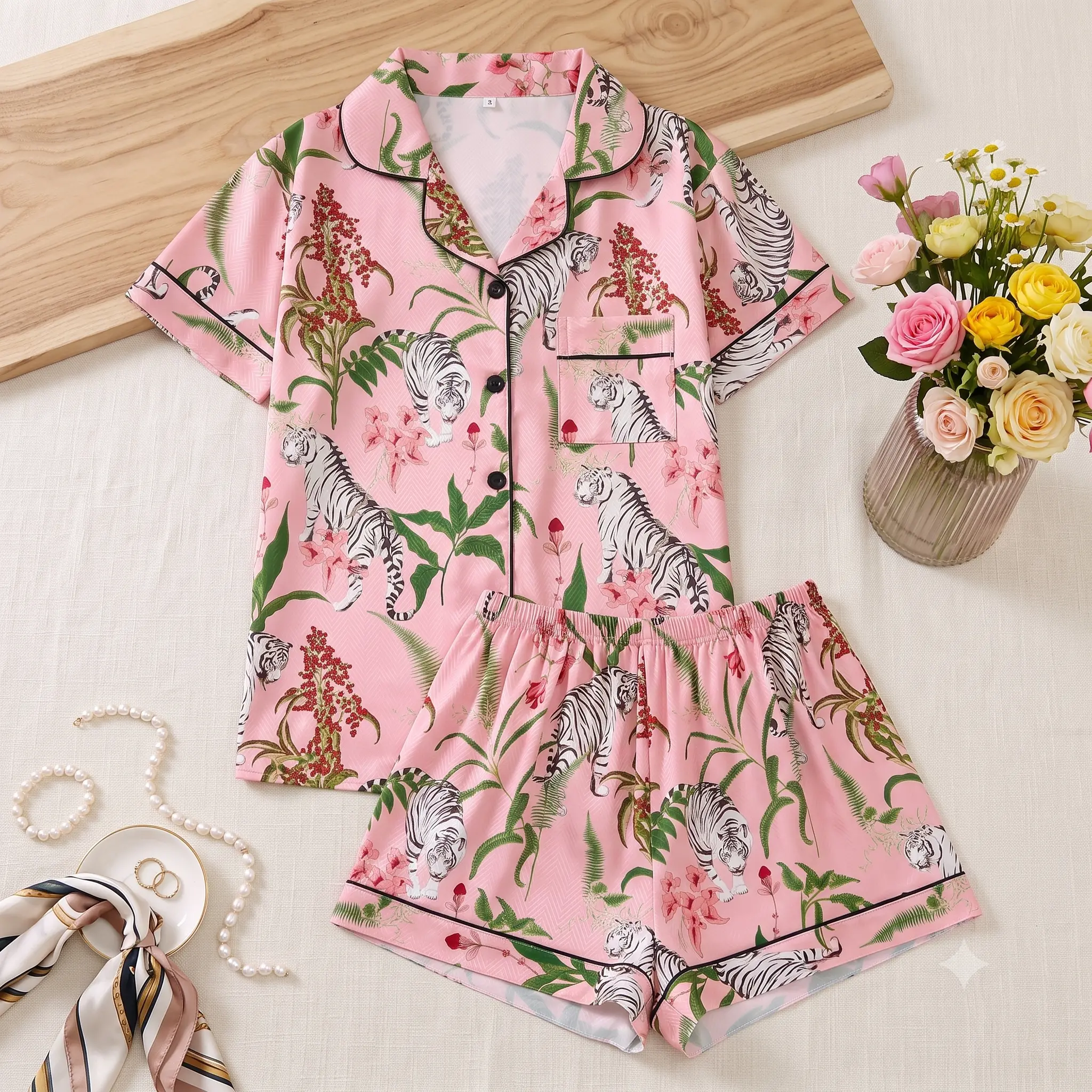 Women's tiger and floral print pajama set, featuring a comfortable design with a short-sleeved, button-down collared top and matching shorts; made from soft, pleasant fabric.