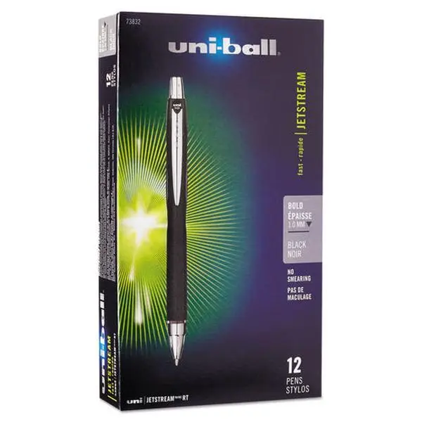 Uni-Ball Jetstream RT Retractable Roller Ball Pen - 1mm Conical Tip, Bold Waterproof Pigment Ink, Black Barrel, Convenient Windowed Textured Rubber Grip, Refillable, Left-Handers Friendly, Fraud-Preventing Office Stationery (Black Writing Pens & Refills),