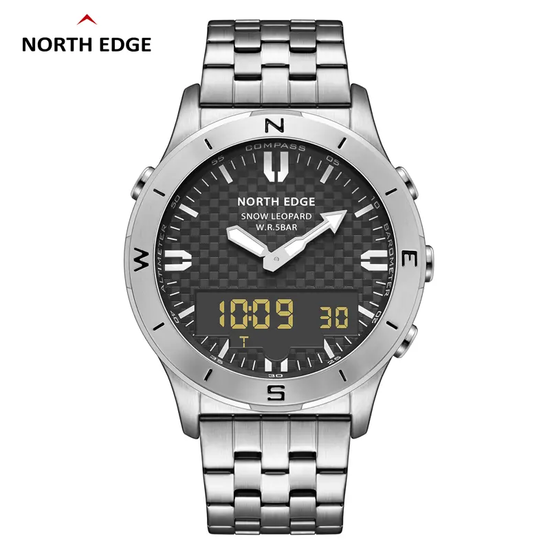 NORTH EDGE Men's Snow-Leopard Digital Sports Watch - Alloy & Stainless Steel Buckle Band, 50M-100M Waterproof Round Dial, Backlit, Altimeter Compass, Digital Display Water Resistant Military Wristwatch, Sports Digital Watch, Water Resistant Watch