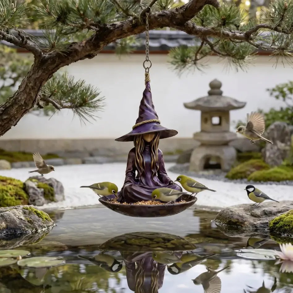 Witch Hat Hanging Bird Feeder, Purple Resin Figurine Outdoor Wild Bird Food Station, Whimsical Garden and Patio Decoration, Easy to Fill & Hang, Unique Halloween and Nature Gift for Bird Lovers
