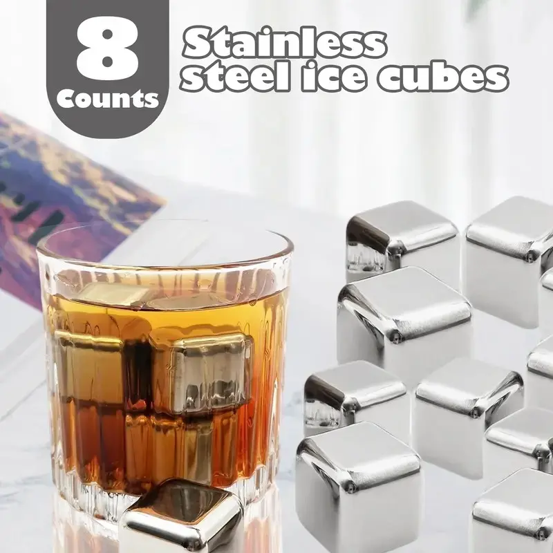 Premium Stainless Steel Cooling Stones 8 Pack Set with Ice Tongs, Long Lasting Reusable Metal Ice Cubes for All Beverages, Practical Bar Tool Holiday Birthday Gift for Men & Dad