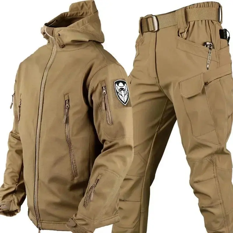 Winter Thicked Men Camo Suit Waterproof Tactical Set Multi-pocket Hooded Jacket Fleece Pants Outdoor 2-piece