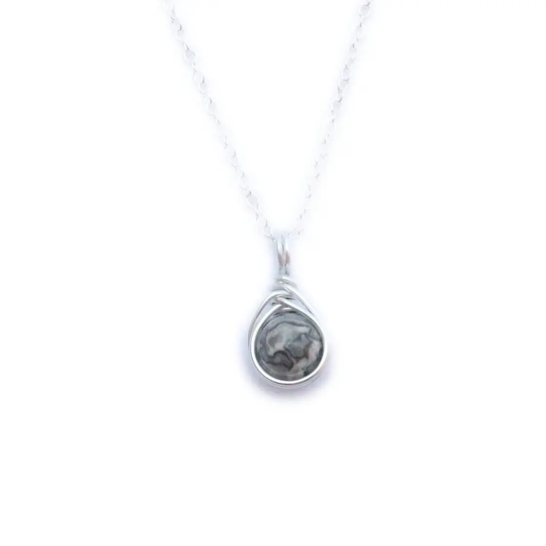 Gray Picasso Jasper Pendant Necklace | Sterling Silver or Gold Dainty Simplistic 8mm Gemstone Crystal