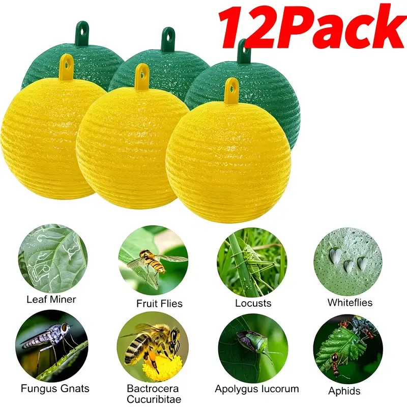 6/12pcs Sticky Fruit Traps for Catching Fruit Flies,  Flying Traps Outdoor and Bugs Sticky Ball（Yellow and Green）,Rainproof & Non-Toxic Physical Pest Control For House Plants Kitchen Drains Yards Gardens Indoor Outdoor