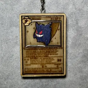 Mayans TCG Treasure Gengar Card Keychain - Hand Crafted 2" Height with Durable Wood, Hand Painted, Acrylic Resin Filling, SeaLED for Durability