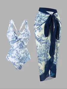 Women's Floral Print Swimsuit & Cover Up Skirt Set, Casual Fashion Swimwear Set for Beach Holiday Vacation, Ladies Summer Clothes, Leaf Print Swimsuit, Swimsuits Skirts, Beach Cover Ups