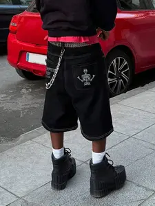Men's Loose Fit Denim Shorts with Letter Embroidery, Y2K Streetwear Hip Hop Rock Style, Casual Outdoor Activity Pants