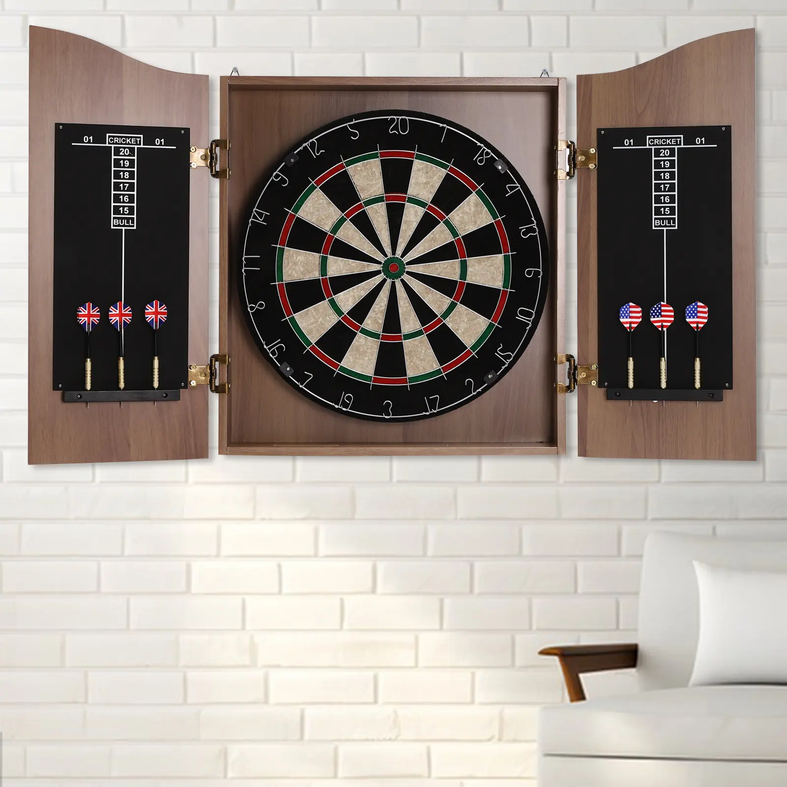 CNCEST Professional Sisal Dartboard Set with Cabinet Regulation Size Bristle Board, 6 Steel-Tip Darts & Scoreboards Wall Mounted, Darts Sets, Includes Darts