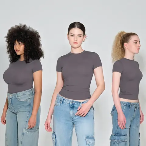 PUMIEY Snatched Fitted T-Shirt, Double Layer Crew Neck Tee, Buttery Soft Stretchy Basic, Minimal Everyday Essential summerwins