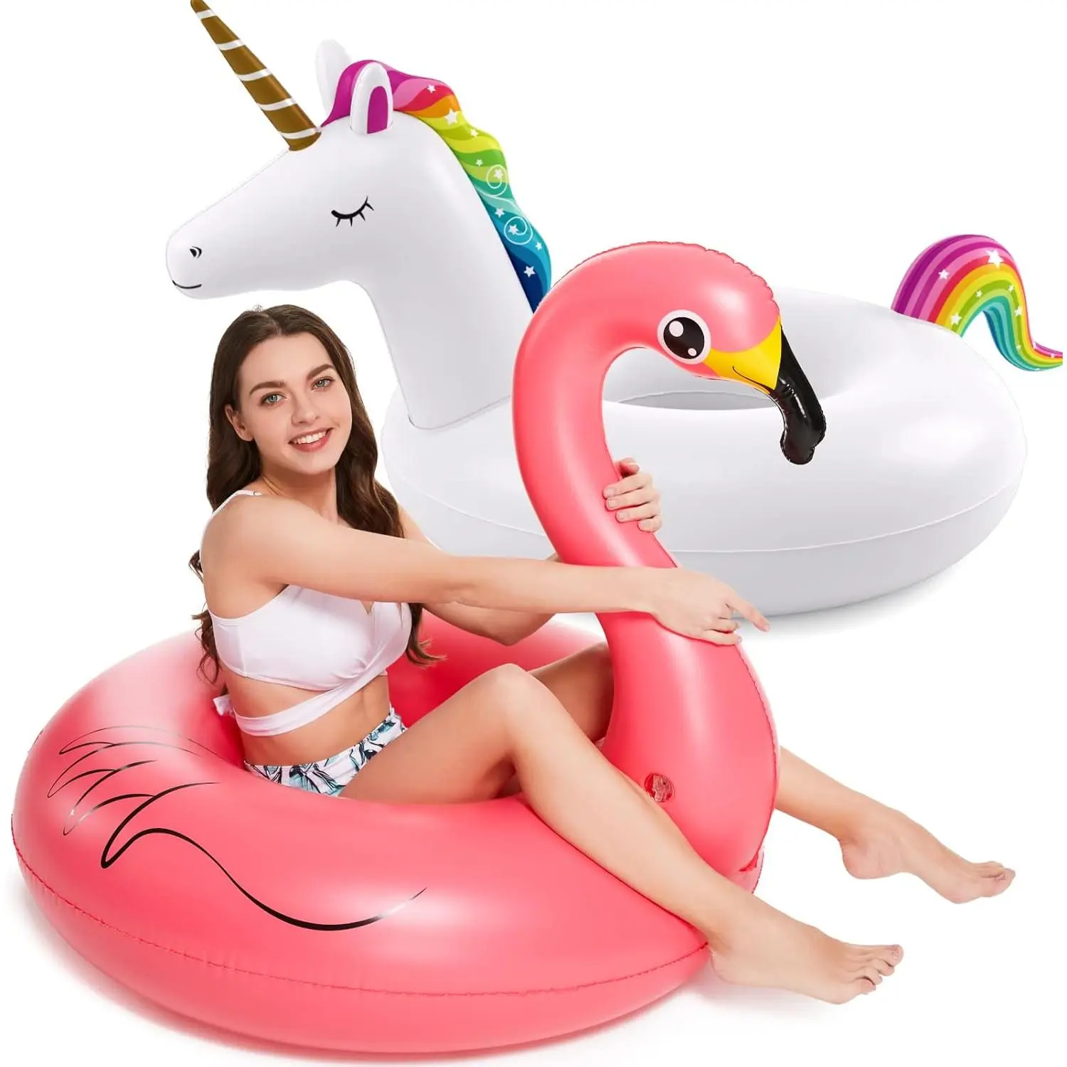 Inflatable Unicorn Flamingo Pool Floats -  2 Pack Pool Floaties Inflatables Rafts for Swimming Pool Tubes for Floating Lake Beach Floaty Swim Rings Pool Party Toys for Adults Kids