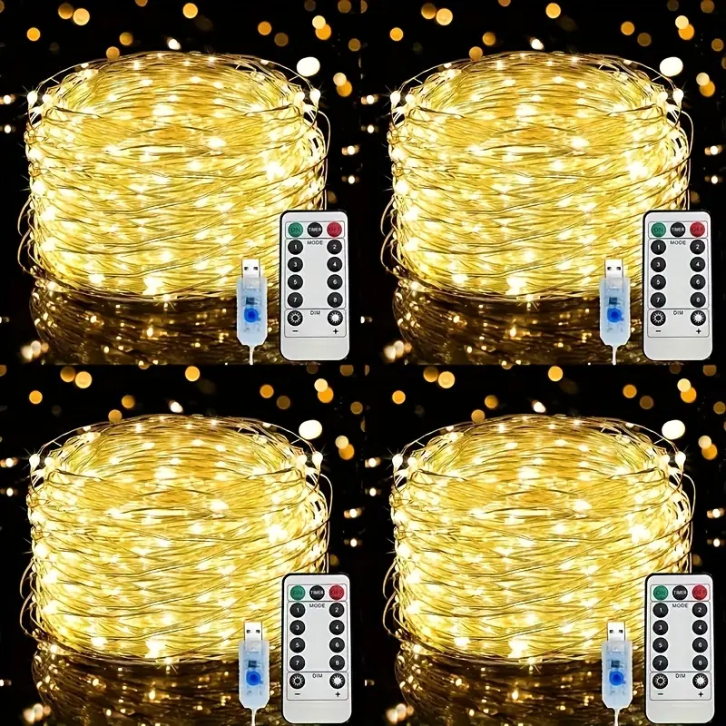 4pcs USB-Powered Light String With, Remote - 8 Modes, 200 LED, Warm White/Multicolor - Twinkle String Lights On Copper Wire For Christmas, Bedroom, Party, Wedding, Valentine's & Easter Decorations, Mini Lights, Indoor, Birthday