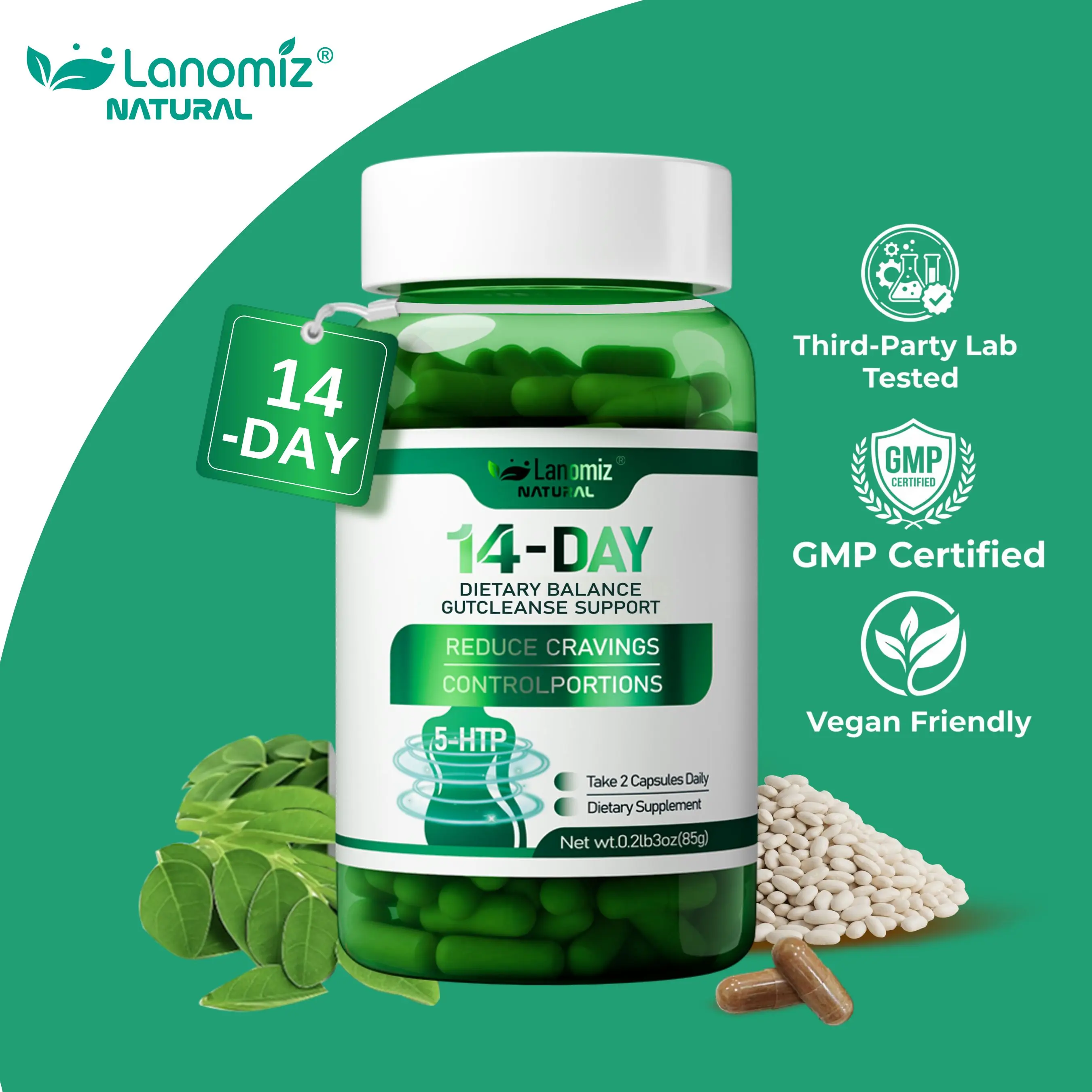 Clean-Label Friendly Choice | LANOMIZ Diet Support Formula with White Kidney Bean Extract, 5-HTP & Sustained-Release Probiotics – Vegan, Gluten-Free & Non-GMO – 60 Capsules