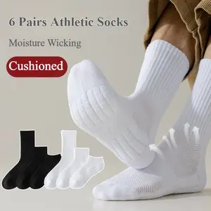 6 Pairs Men’s Cushioned Athletic Crew Socks Cotton Quarter Mid-Calf Ankle Socks Work Moisture Wicking Socks for Men Running Sports Dress Socks Unisex Casual Breathable Multi-Packs White Black Socks 6 Pack Size 5-11
