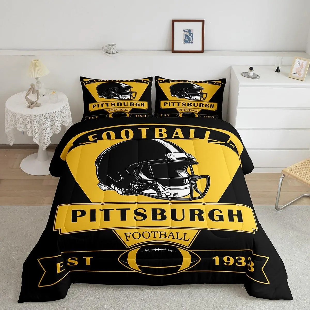 Feelyou Pittsburgh Team Digital Printed American Football Bedding Set - Breathable Microfiber Multi-Size Duvet Sets for Football Fans, Multi-Size Sets